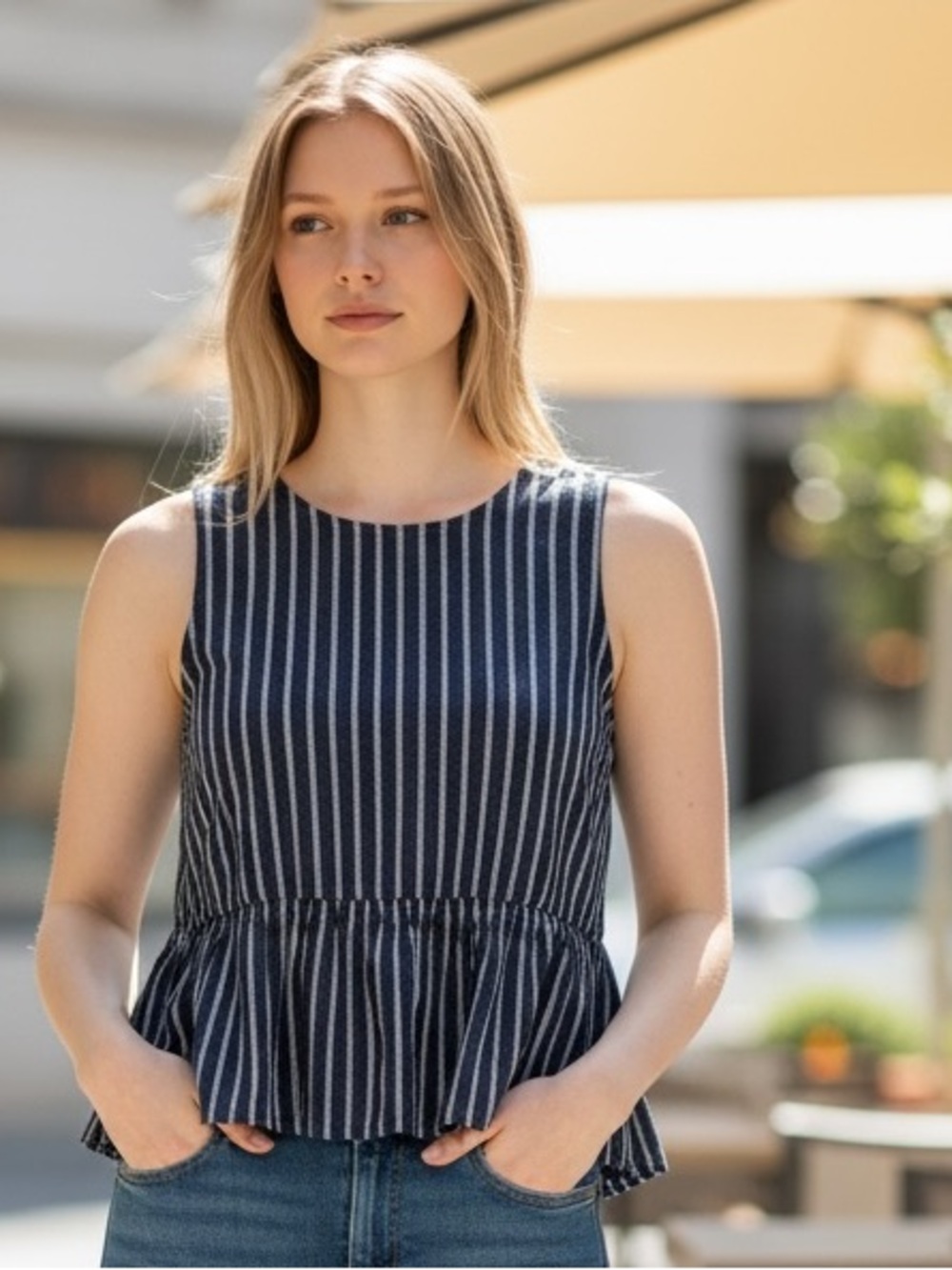 Banana Republic Blue & Gray Striped Peplum Top